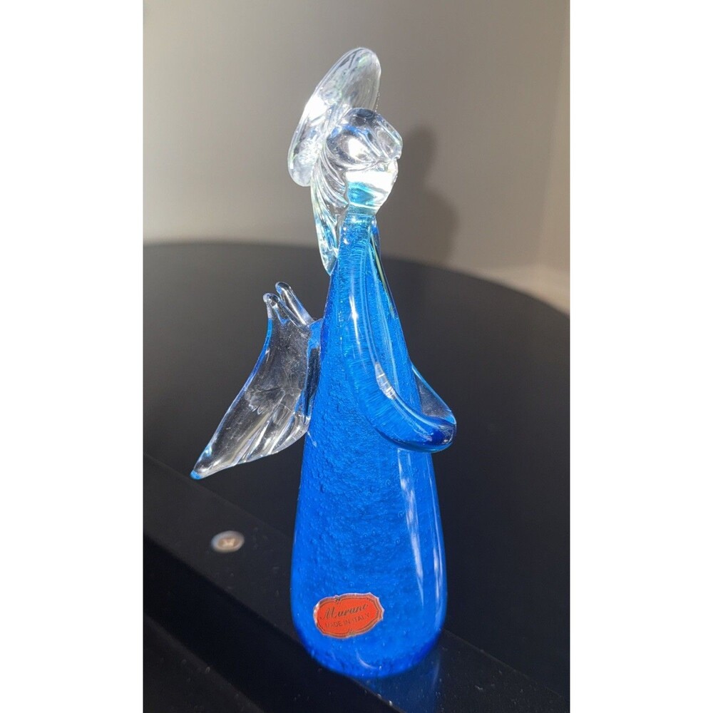 Vintage Murano Glass ANGEL Ocean BLUE with Bubbles Head Bowing In Prayer EUC